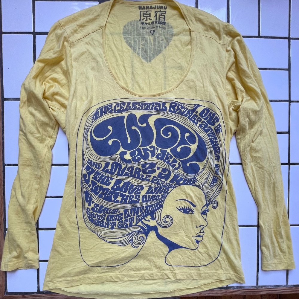 HARAJUKU LOVERS Retro Disco Butter Yellow & Slate Blue L/S Shirt Tunic Top S